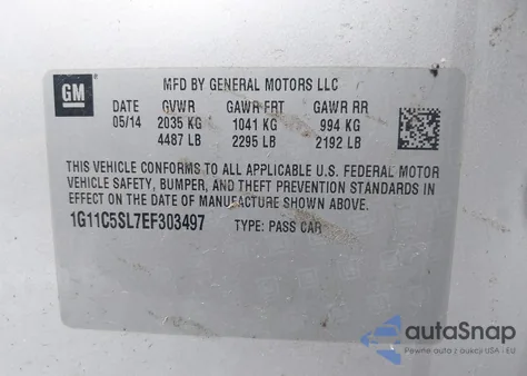 2014 Chevrolet Malibu 1Lt из США, поврежденный, VIN 1G11C5SL7EF303497